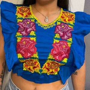 Embroidered Blue Floral Women's Crop Top